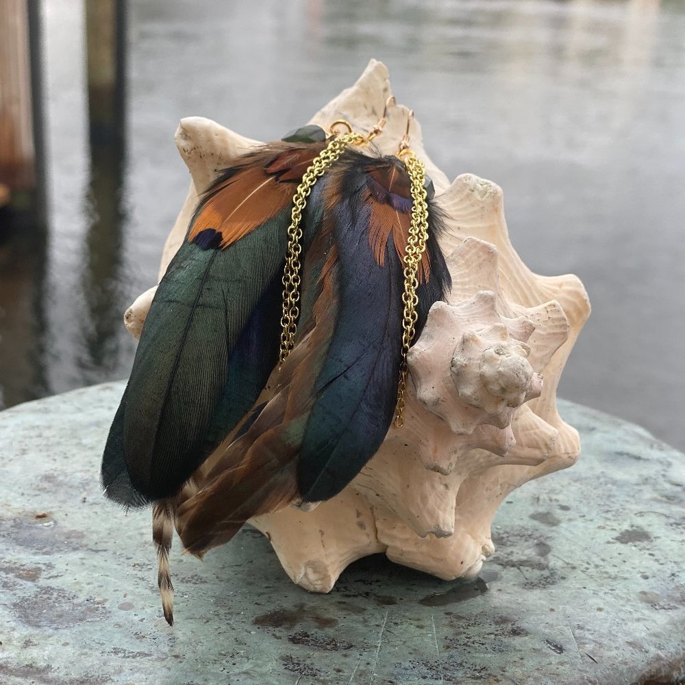Embellished dangle feather earrings